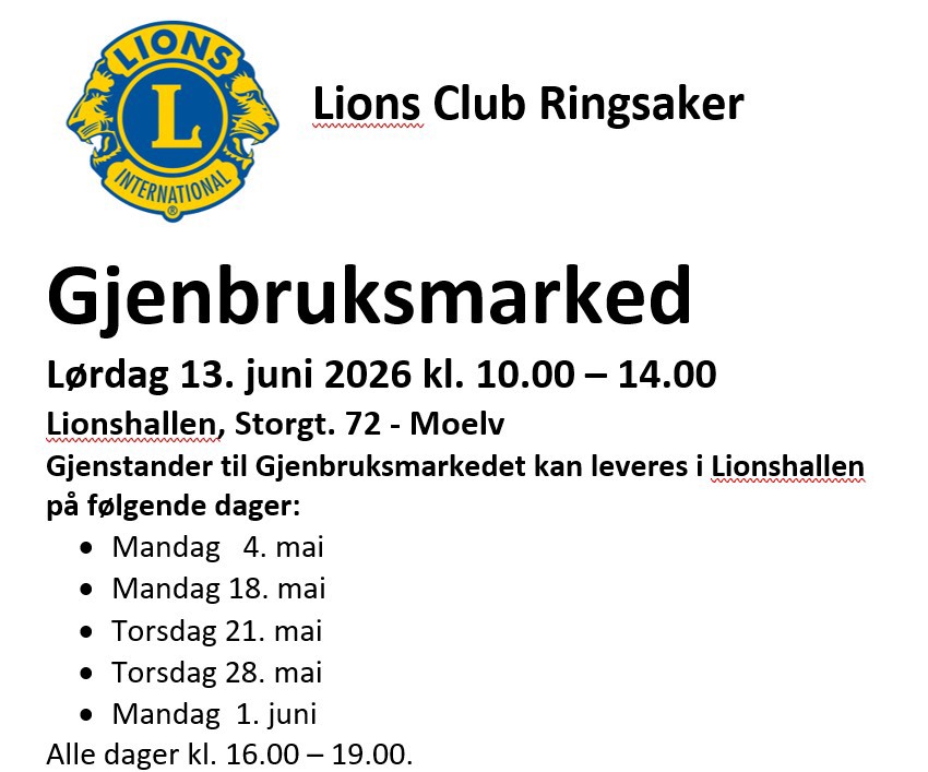 Gjenbruksmarked i Lionshallen lørdag 13. juni!