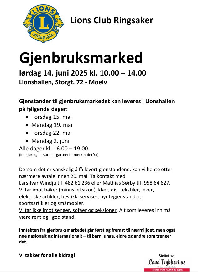 Gjenbruksmarked i Lionshallen lørdag 14. juni!