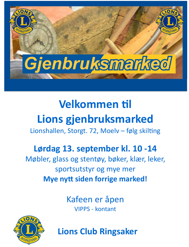 Gjenbruksmarked lørdag 13. september -Lionshallen